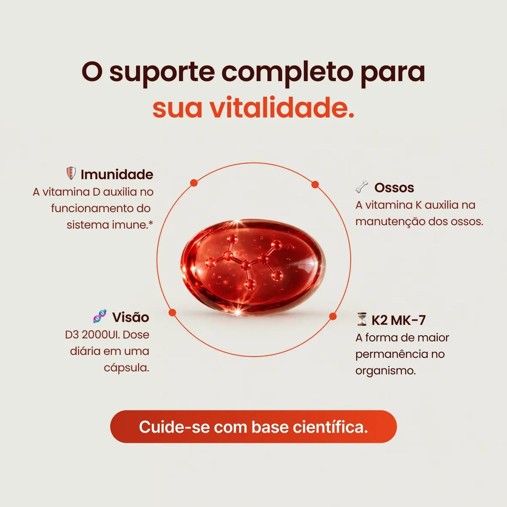 Vitamina D3 + K2 MK7 2000 UI 100mcg 60 ou 120 Cápsulas - Vitamina D - Bigens