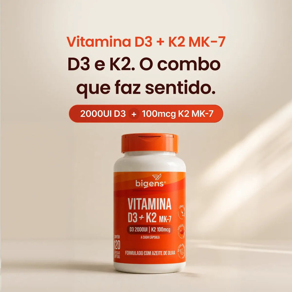 Vitamina D3 + K2 MK7 2000 UI 100mcg 60 ou 120 Cápsulas - Vitamina D - Bigens