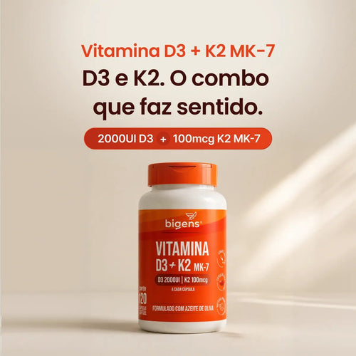 Vitamina D3 + K2 MK7 2000 UI 100mcg 60 ou 120 Cápsulas - Vitamina D - Bigens