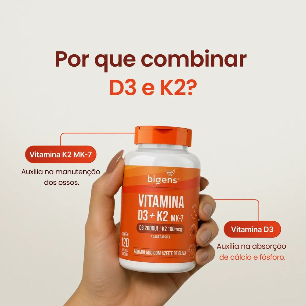 Vitamina D3 + K2 MK7 2000 UI 100mcg 60 ou 120 Cápsulas - Vitamina D - Bigens