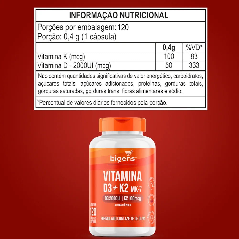 Vitamina D3 + K2 MK7 Cápsulas | 2000 UI 100 MCG 120 Cápsulas Softgel - Bigens