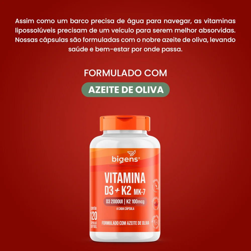 Vitamina D3 + K2 MK7 Cápsulas | 2000 UI 100 MCG 120 Cápsulas Softgel - Bigens
