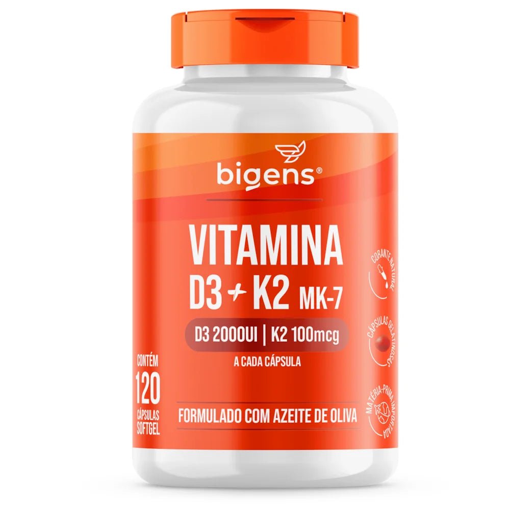 Vitamina D3 + K2 MK7 Cápsulas | 2000 UI 100 MCG 120 Cápsulas Softgel - Bigens