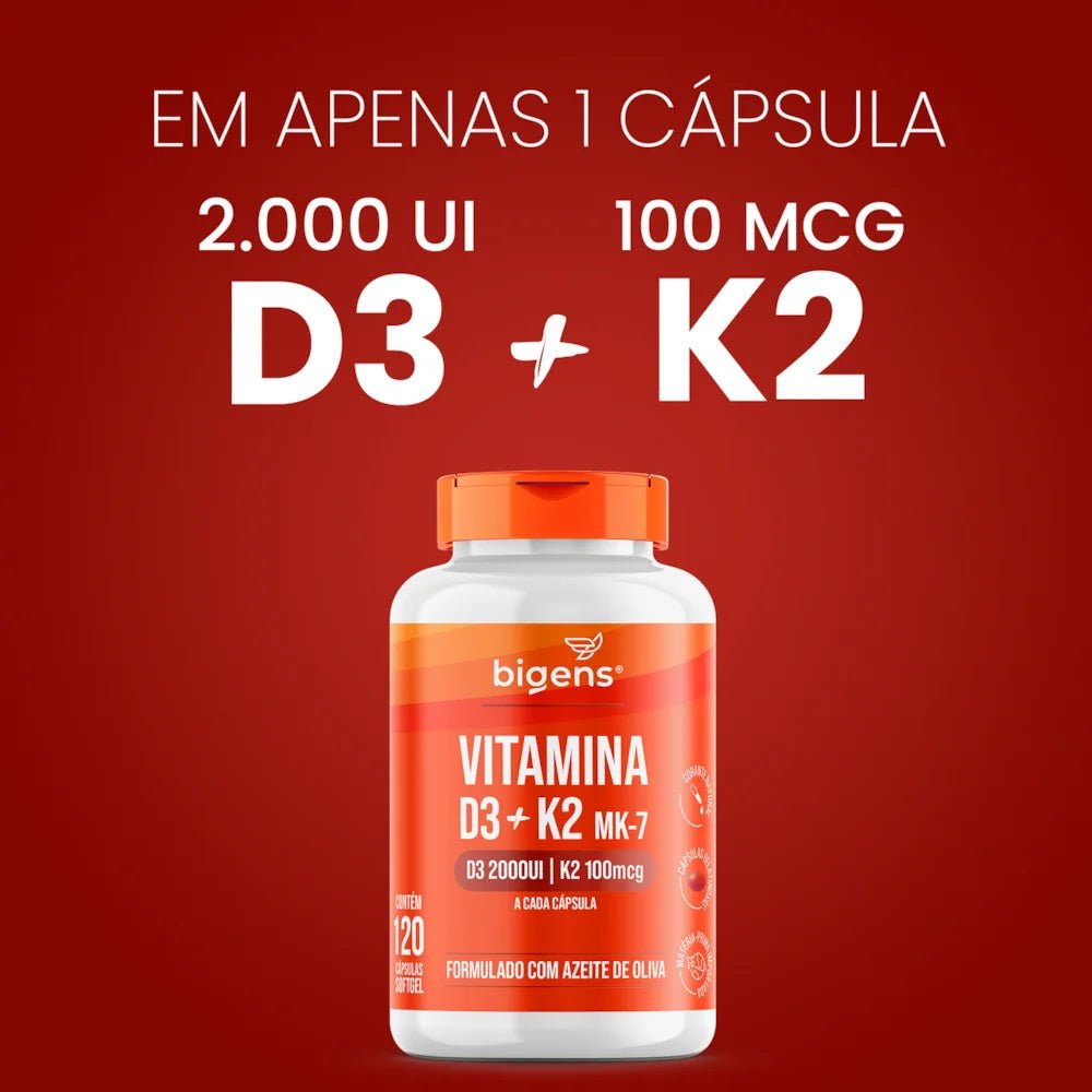 Vitamina D3 + K2 MK7 Cápsulas | 2000 UI 100 MCG 120 Cápsulas Softgel - Bigens