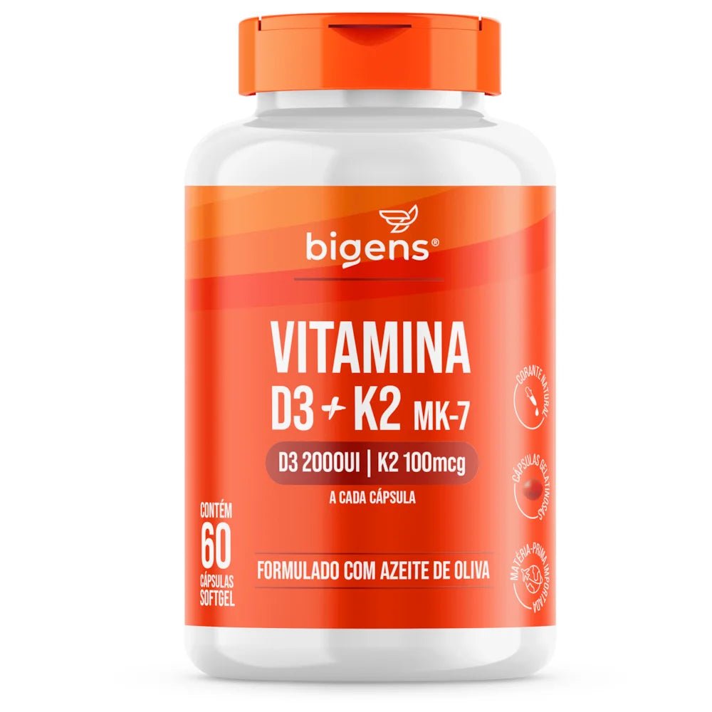 Vitamina D3 + K2 MK7 Cápsulas | 2000 UI 100 MCG 60 ou 120 Cápsulas Softgel - Bigens