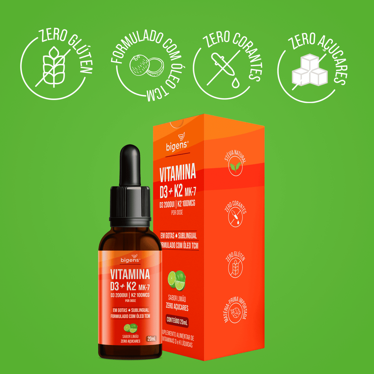 Vitamina D3 + K2 MK7 Gotas | Sabor Limão 20ml - Bigens
