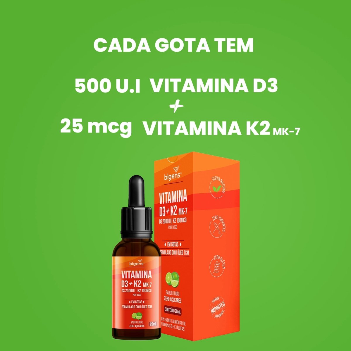 Vitamina D3 + K2 MK7 Gotas | Sabor Limão 20ml - Bigens