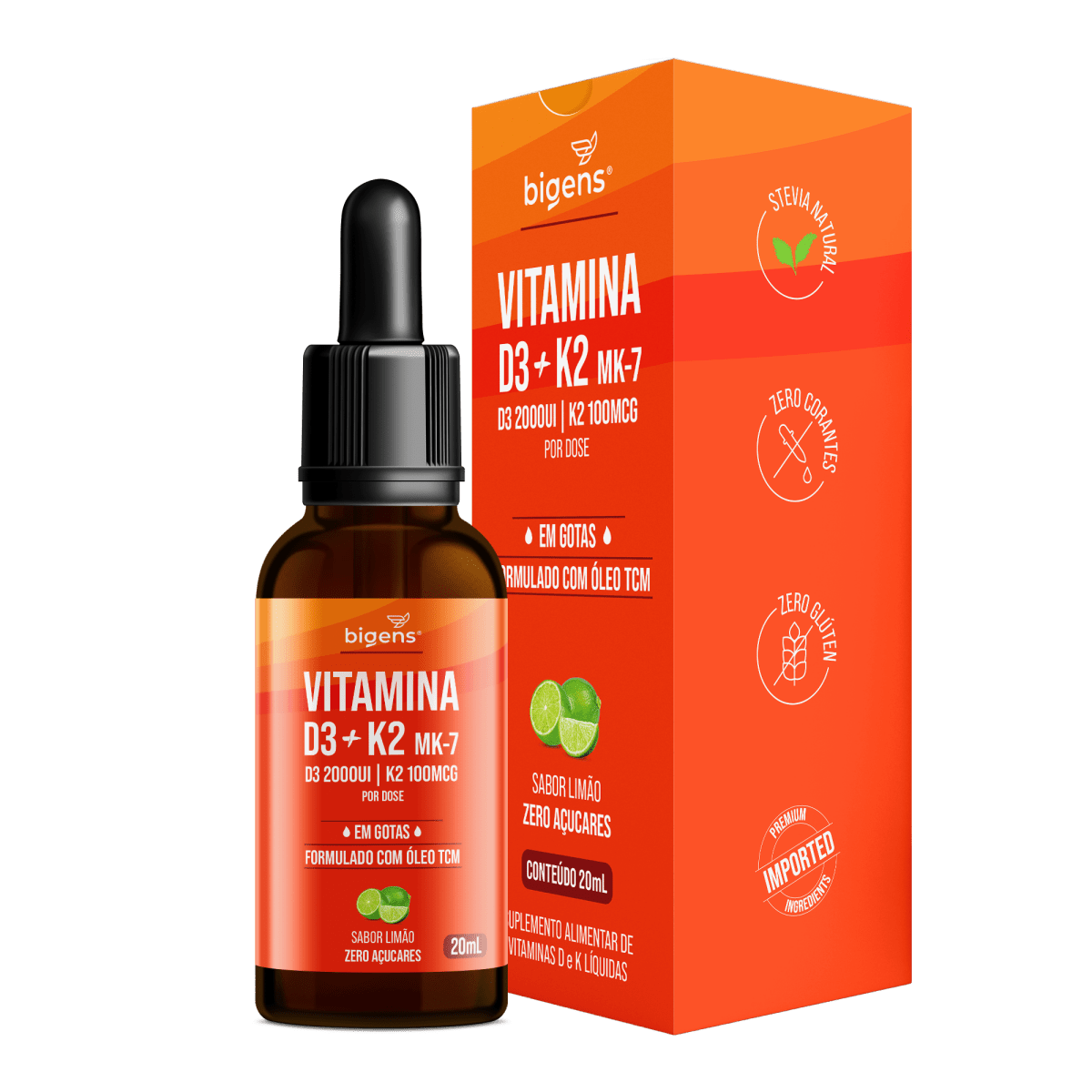 Vitamina D3 + K2 MK7 Gotas | Sabor Limão 20ml - Bigens
