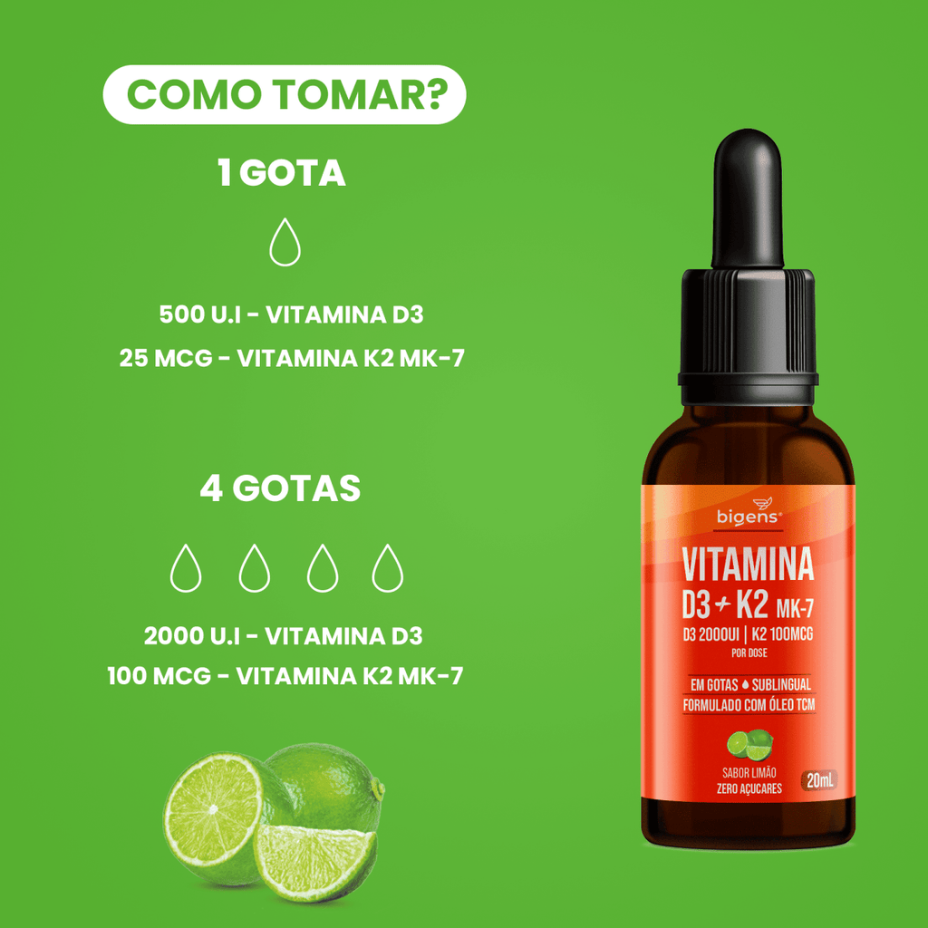 Vitamina D3 + K2 MK7 Gotas | Sabor Limão 20ml - Bigens