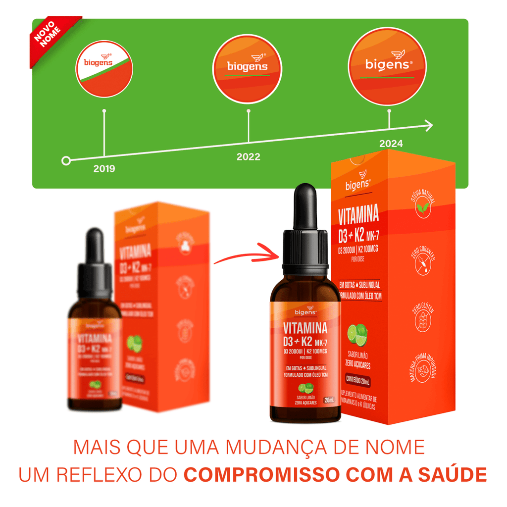 Vitamina D3 + K2 MK7 Gotas | Sabor Limão 20ml - Bigens