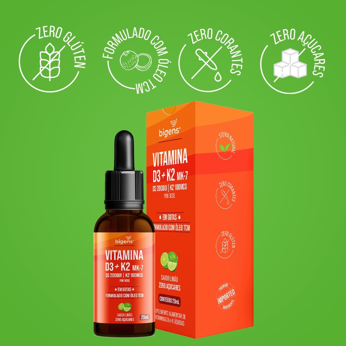 Vitamina D3 + K2 MK7 em Gotas Sabor Limão 20ml | Bigens