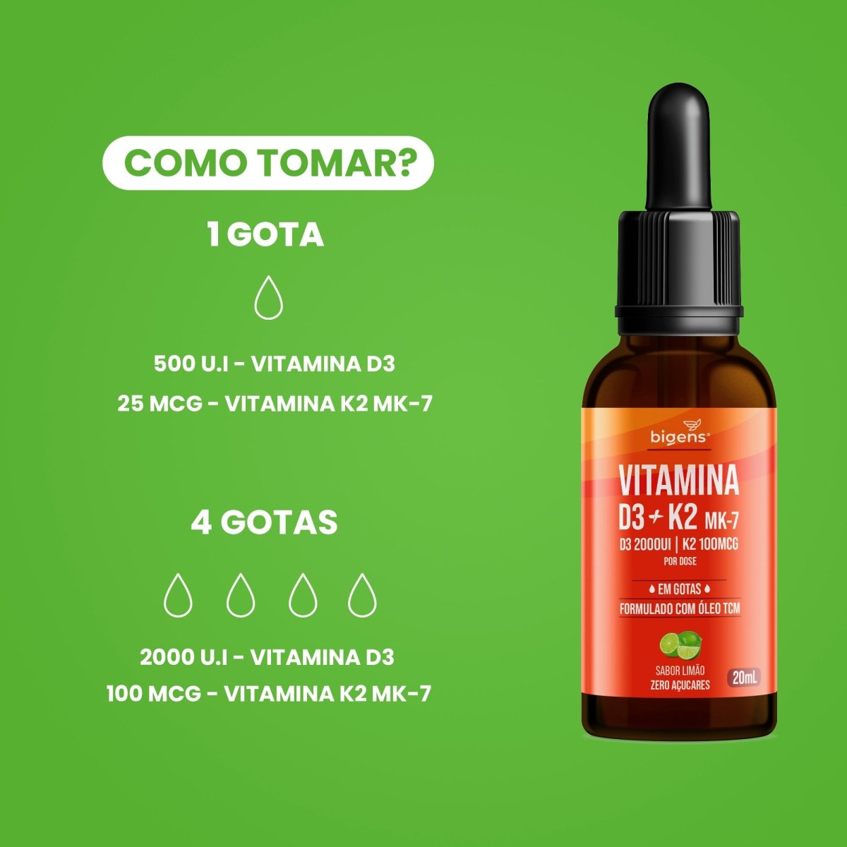 Vitamina D3 + K2 MK7 Gotas | Sabor Limão 20ml - Bigens