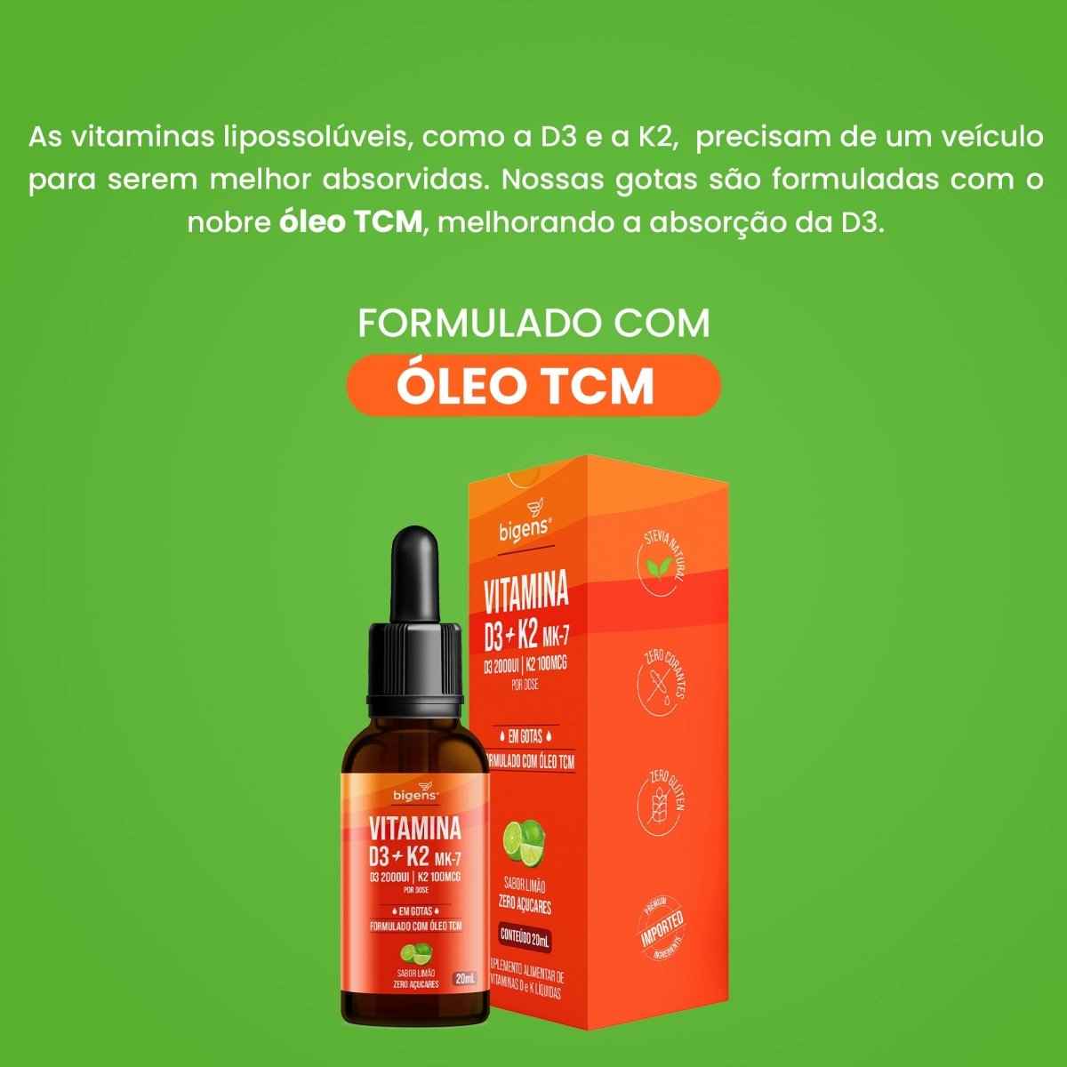 Vitamina D3 + K2 MK7 Gotas | Sabor Limão 20ml - Bigens