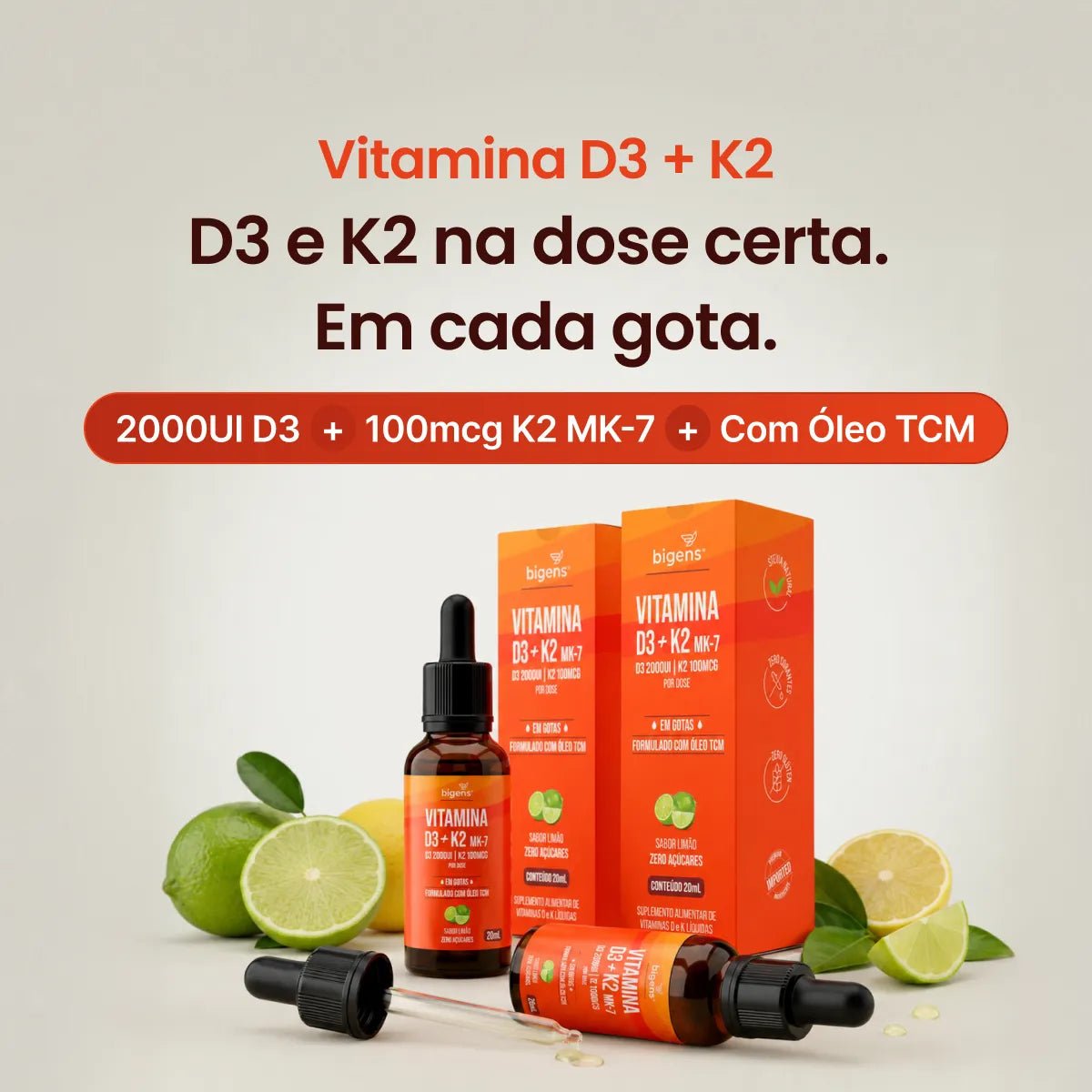 Vitamina D3 + K2 MK7 Gotas | Sabor Limão 20ml - Vitamina D - Bigens