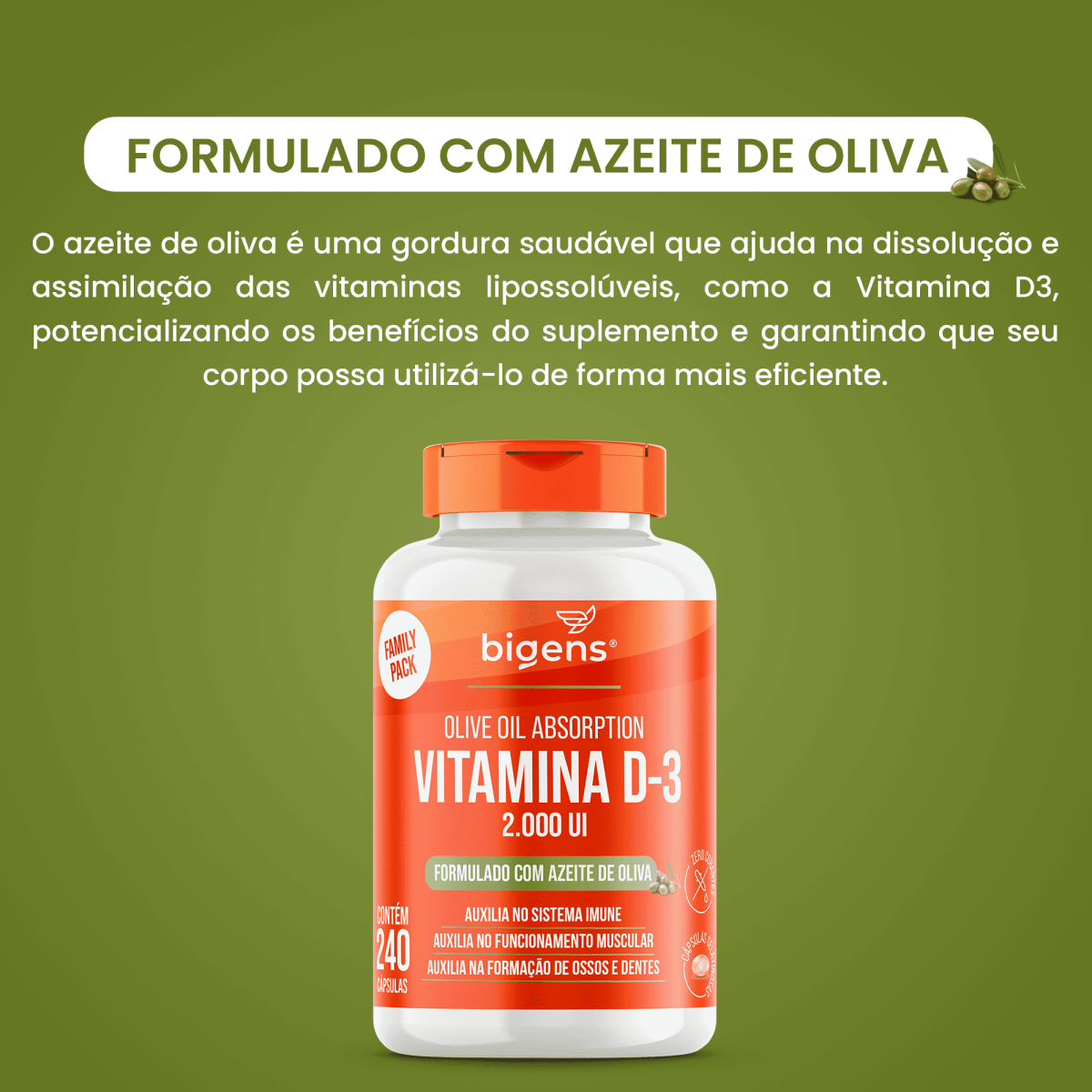Vitamina D3 Oliva 60, 120 ou 240 Cápsulas - Bigens