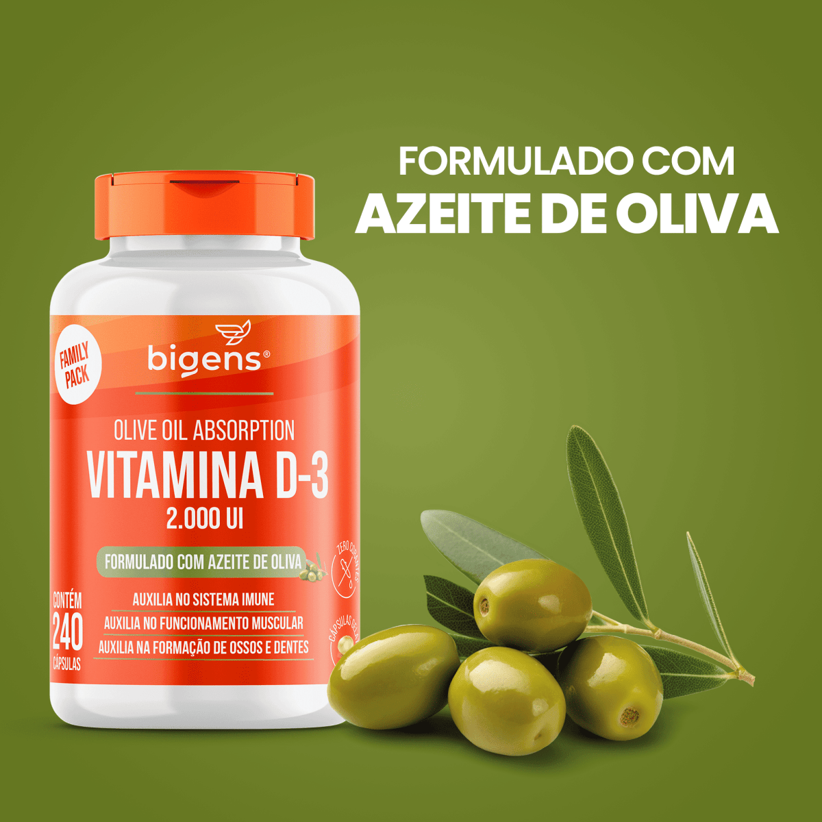 Vitamina D3 Oliva 60, 120 ou 240 Cápsulas - Bigens