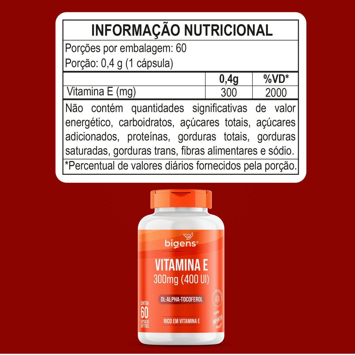 Vitamina E | 300mg (400 UI) DL - alpha - Tocoferol 60 Cápsulas Softgel - Bigens