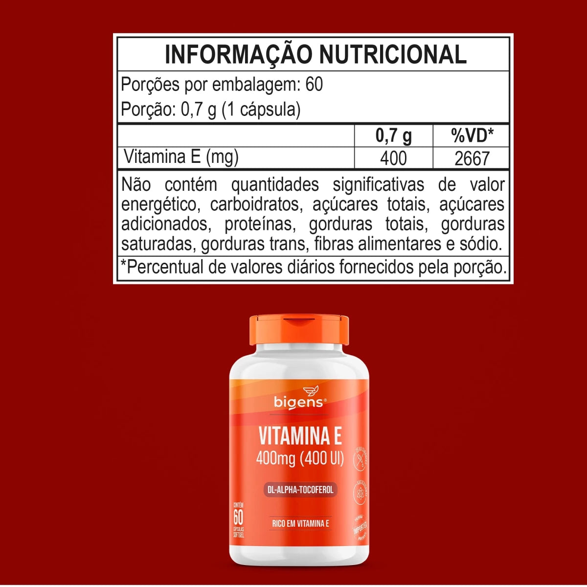 Vitamina E 400mg (400UI) DL-alfa-Tocoferol 60 Cápsulas Softgel - Vitaminas Isoladas - Bigens
