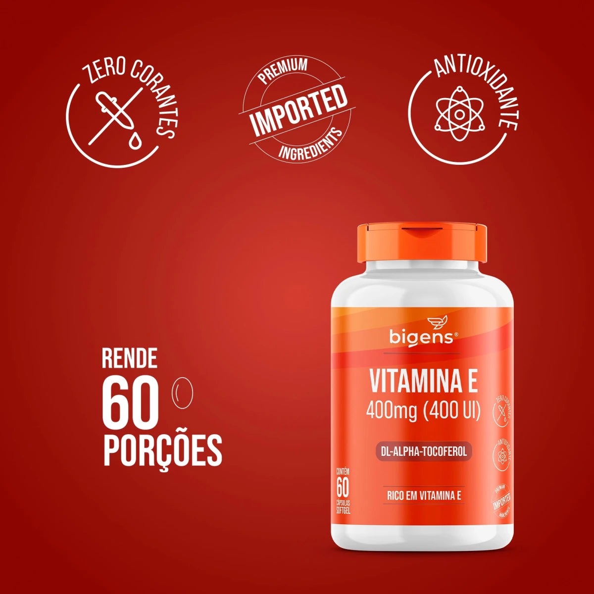 Vitamina E 400mg (400UI) DL-alfa-Tocoferol 60 Cápsulas Softgel - Vitaminas Isoladas - Bigens