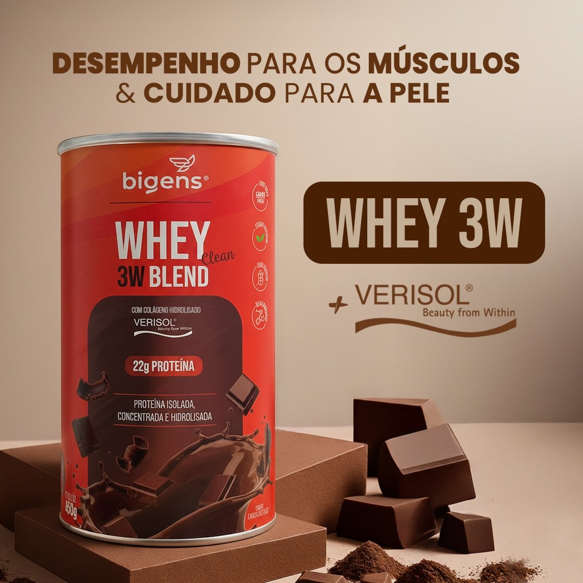 Whey 3W Blend Clean | Sabor Chocolate Suíço 22g de Proteína 450g - Bigens
