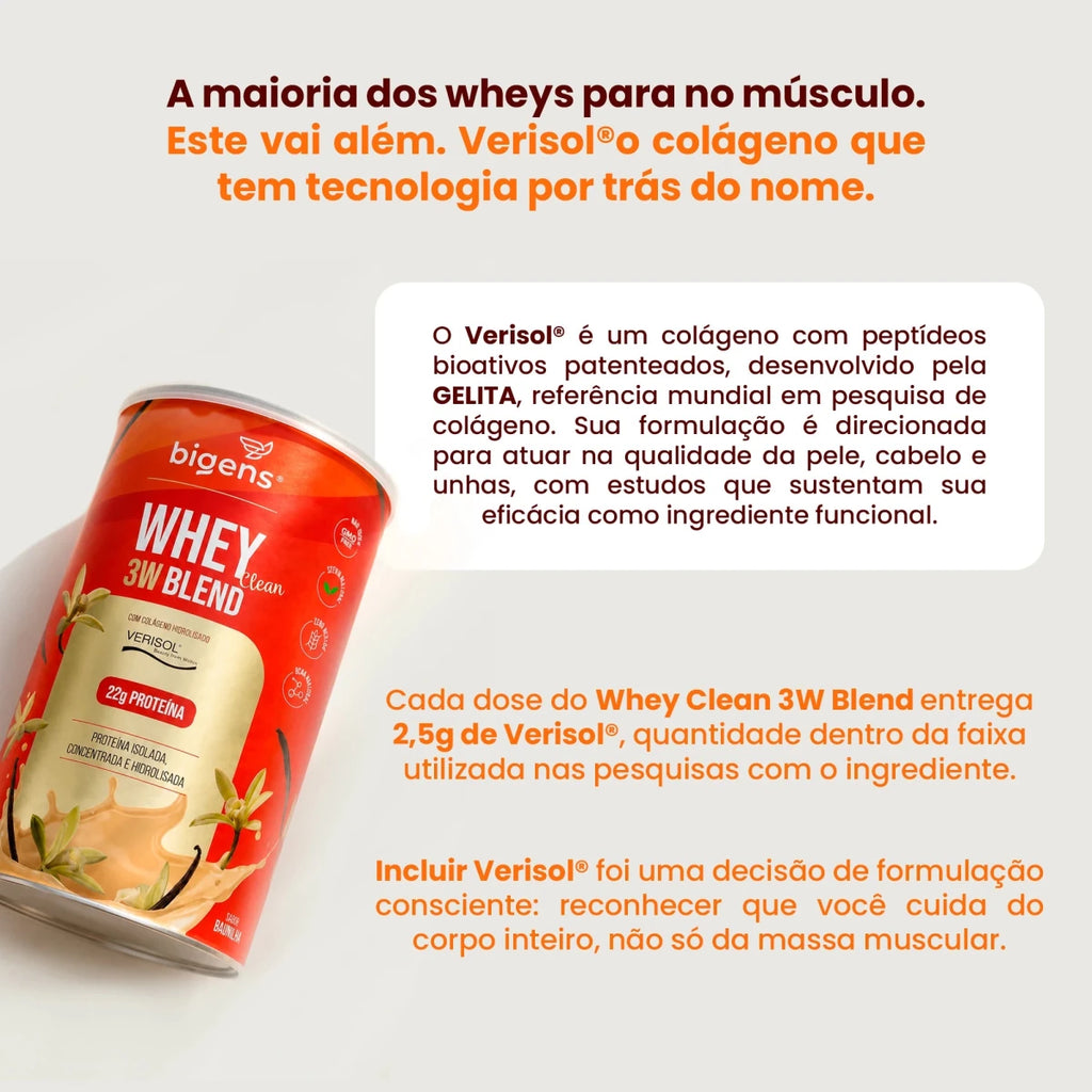 Whey 3W Blend Clean | Whey Isolado, Concentrado e Hidrolisado, Com Colágeno VERISOL®, Sabor Baunilha 22g de Proteína 450g - Bigens