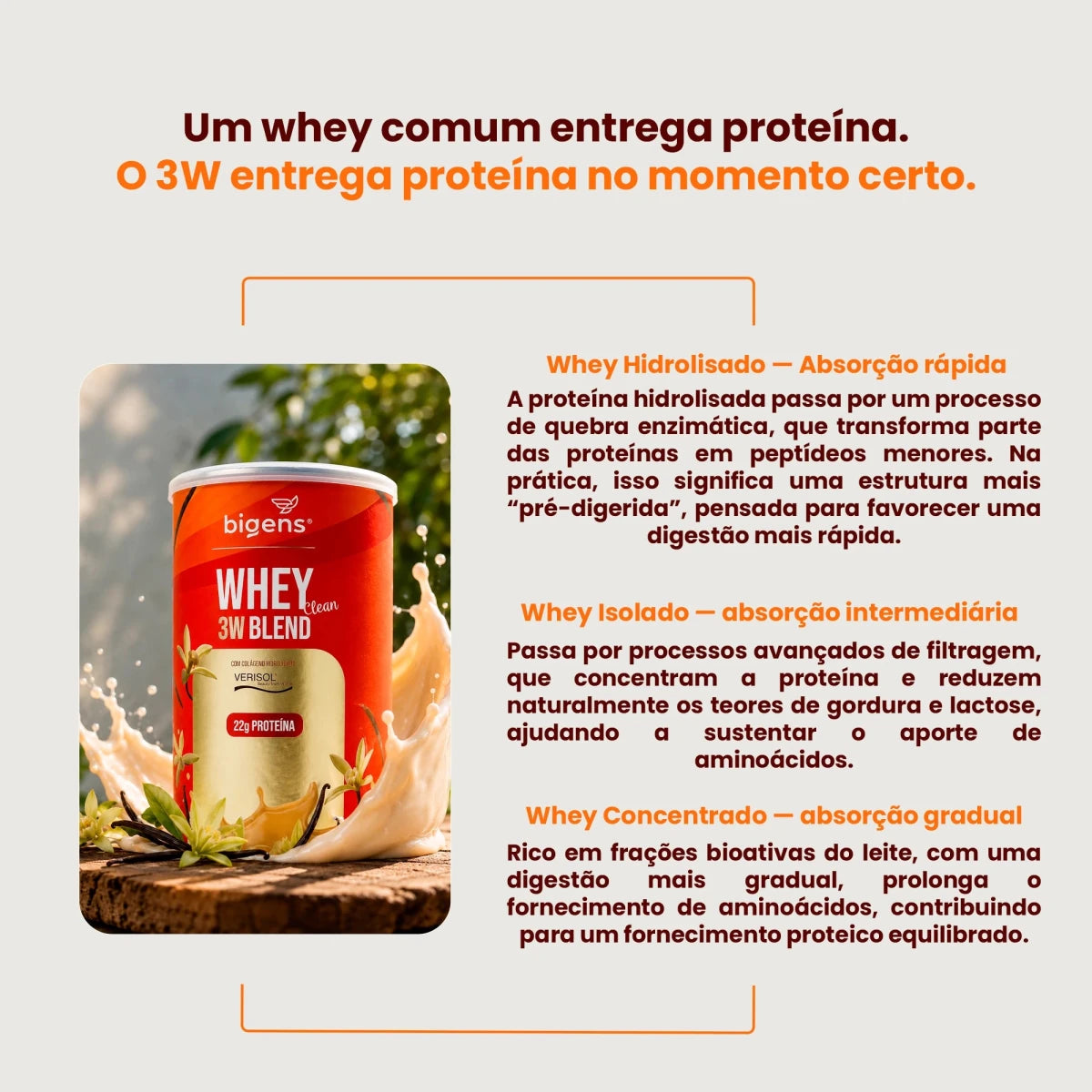 Whey 3W Blend Clean | Whey Isolado, Concentrado e Hidrolisado, Com Colágeno VERISOL®, Sabor Baunilha 22g de Proteína 450g - Bigens