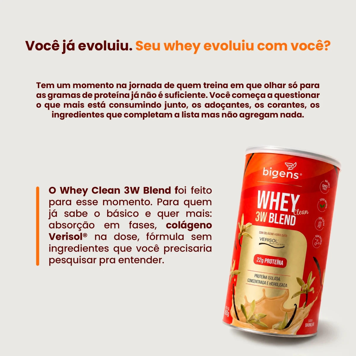 Whey 3W Blend Clean | Whey Isolado, Concentrado e Hidrolisado, Com Colágeno VERISOL®, Sabor Baunilha 22g de Proteína 450g - Bigens
