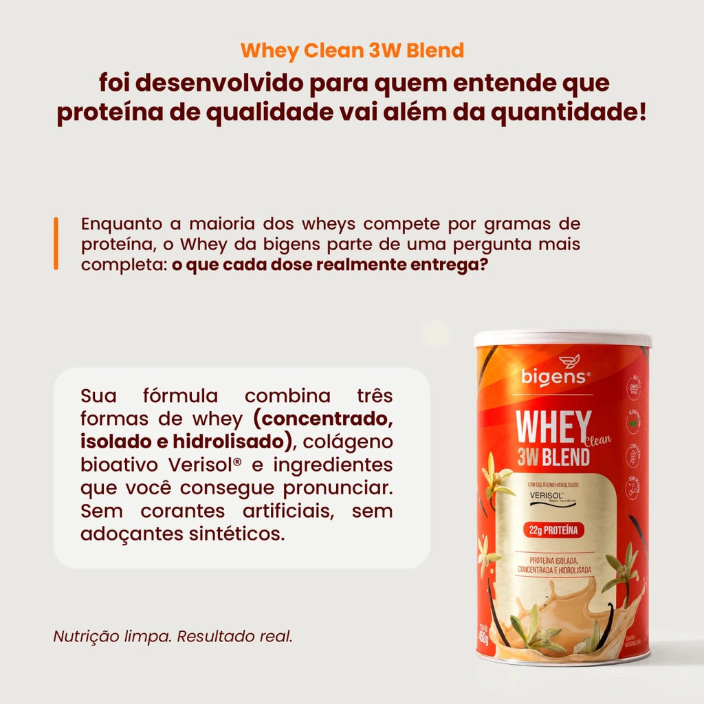 Whey 3W Blend Clean | Whey Isolado, Concentrado e Hidrolisado, Com Colágeno VERISOL®, Sabor Baunilha 22g de Proteína 450g - Bigens