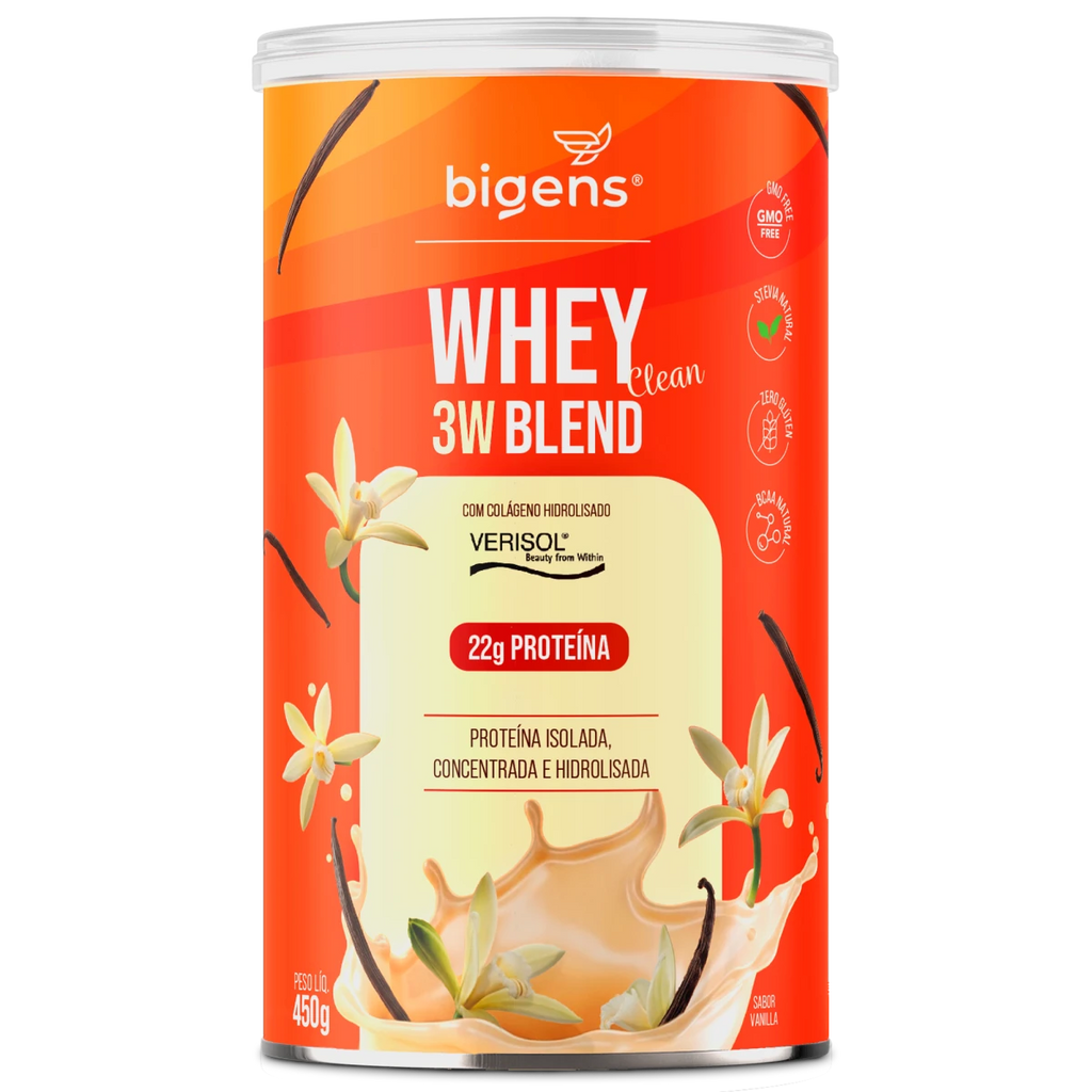 Whey 3W Blend Clean | Whey Isolado, Concentrado e Hidrolisado, Com Colágeno VERISOL®, Sabor Baunilha 22g de Proteína 450g - Bigens