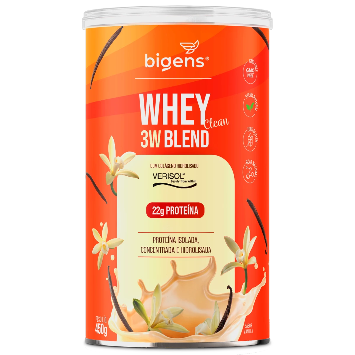 Whey 3W Blend Clean | Whey Isolado, Concentrado e Hidrolisado, Com Colágeno VERISOL®, Sabor Baunilha 22g de Proteína 450g - Bigens